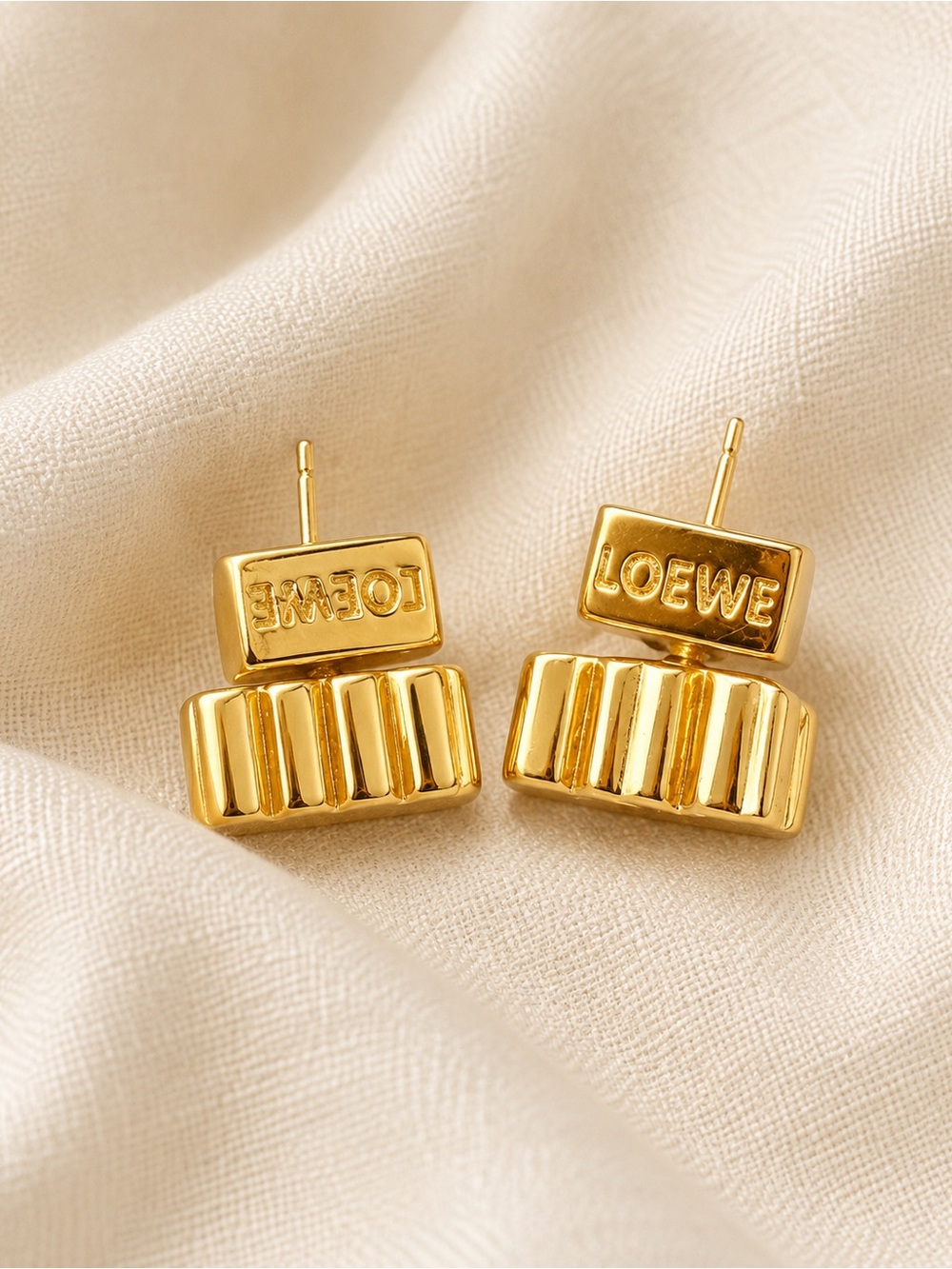 LOEWE Gold Tone Logo Drop Earrings Luxury Designer Statement Studs - Picture 2 of 2
